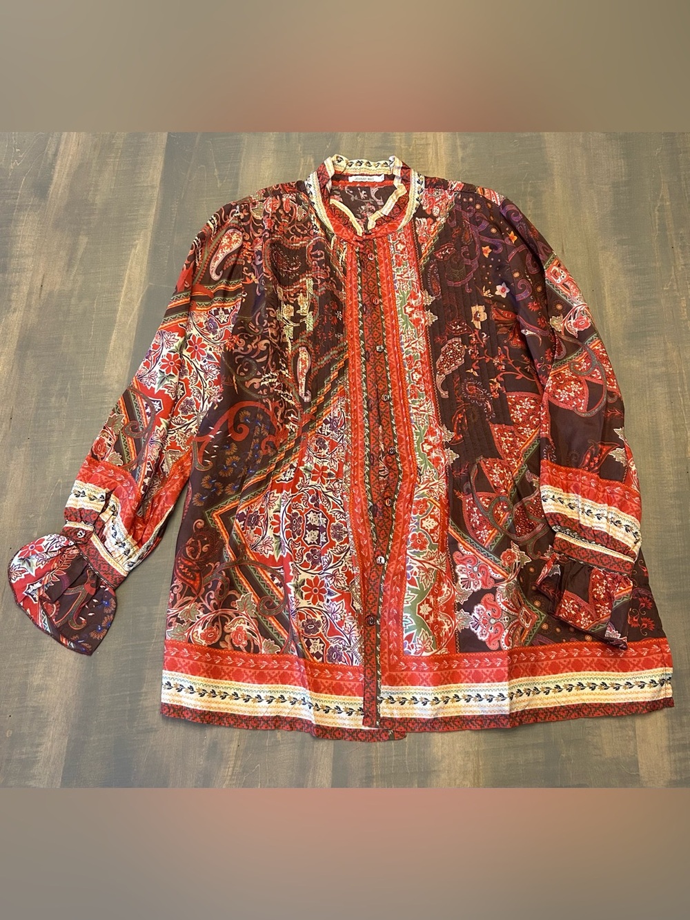 NWOT Johnny Was 100% Silk Patchwork Pintuck Pleated Button Down Tunic Blouse